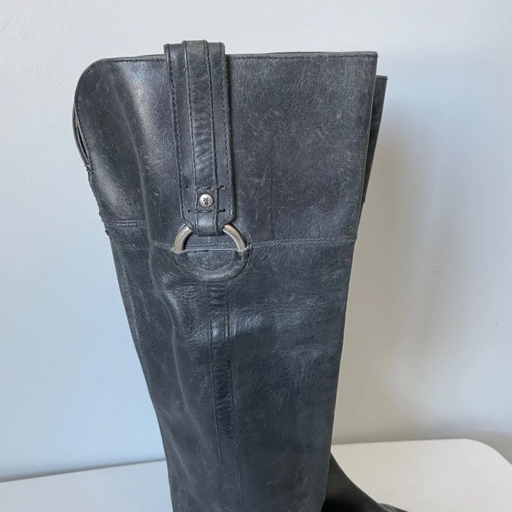 Frye Jamie Ring Tall Distressed Black Leather Riding Boots Size Women's 9